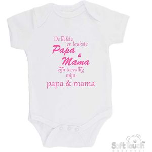 100% katoenen Romper ""De liefste en leukste Papa & Mama zijn toevallig mijn Papa & Mama"" Meisjes Katoen Wit/roze Maat 68/74