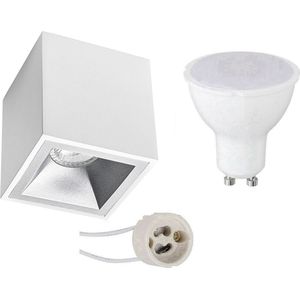 Opbouwspot Set - Proma Cliron Pro - GU10 Fitting - Opbouw Vierkant - Mat Wit/Zilver - 6W - Natuurlijk Wit 4200K - Verdiept - 90mm