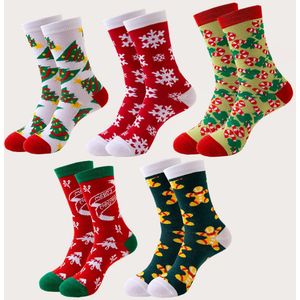 5 paar kerstsokken - Sneeuwpop, Kerstman en Rendier cartoon middellange kousen - Voor heren en dames - Kerstsokken