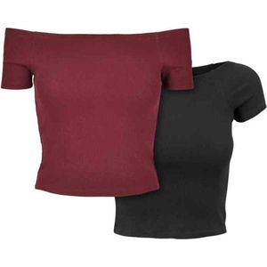 Urban Classics - Rib Tee 2-Pack Off shoulder top - S - Bordeaux rood/Zwart