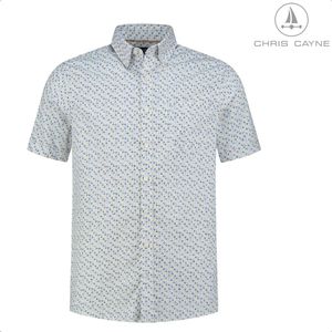 Chris Cayne heren overhemd - overhemd heren - maat M - Kleur offwhite/lichtblauw/beige/donkerblauwe - korte mouwen - geprint overhemd – borstzak – button down kraag