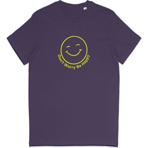 T Shirt Smiley - Positieve Tekst Don't Worry Be Happy - Paars S