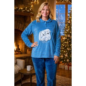 Pyjama - Pyjama Winter - Pyjama fleece - winterpyjama - Dames - Ronde Hals - maat XL - ijsbeer en streepjes - Super zacht - HQ - ijsbeer - Roze - blauw
