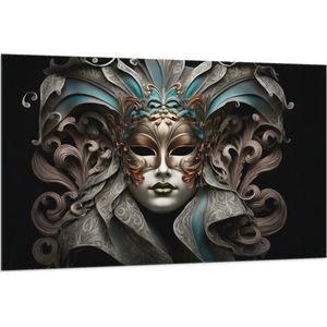 Vlag - Wit Venetiaanse carnavals Masker met Blauwe en Gouden Details tegen Zwarte Achtergrond - 150x100 cm Foto op Polyester Vlag