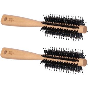 Haarborstel - 2x - rond - naturel met varkenshaar en kunststof pinnen - 24 cm - hout - Persoonlijke verzorging artikelen