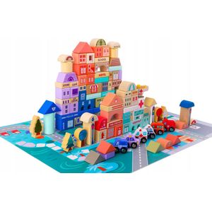 Houten blokken - City Blocks Set - Puzzle City - Auto's - Kleurrijk - 115 Stuk - Verjaardagscadeau - Vakantiecadeau