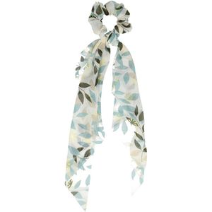 Haarsoires Haarelastiek Scrunchie – Bloemen en Blaadjes Patroon – 25cm Linten – Gladde Stof – Wit Groen - Haarkrinkel - Haar Elastiek met Stof - Zacht & Haarvriendelijk