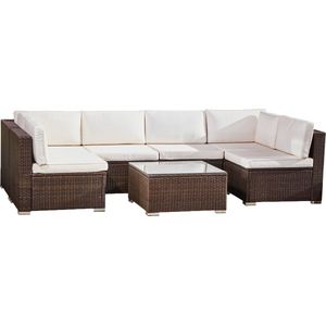 Teamson Home 7-Delige Grote Hoek Loungeset - Tuinmeubelen - Tuinbank - Omvat Salontafel van Gehard Glas en Kussens - Rotan - Bruin/Wit - 295.6 x 137.2 x 64 (cm)