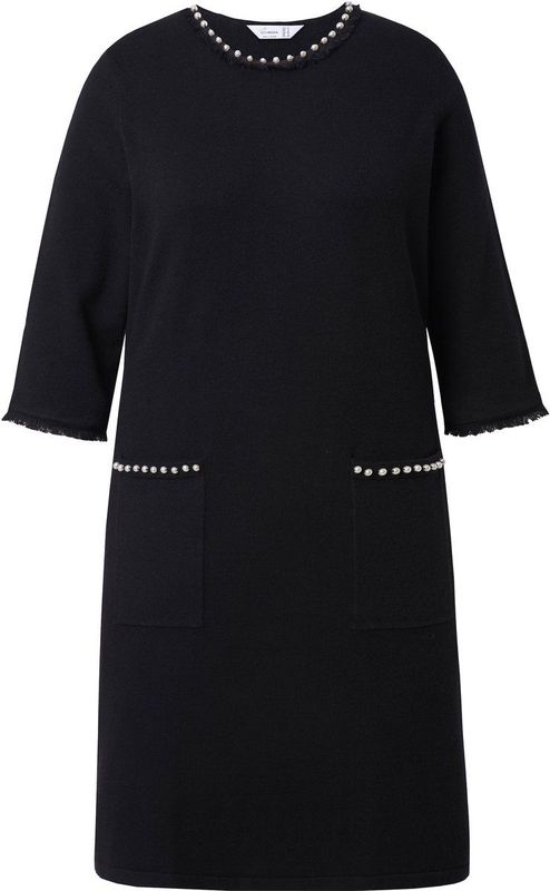 MIAMODA - Dames - Gebreide jurk A-lijn sierkralen randen met franje - Zwart - Maat 42+