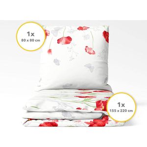 Bloemen beddengoed, 155 x 220 cm, beddengoed klaprozen, renforce beddengoed 155 x 220 cm, dekbedovertrek 155 x 220 cm, leuk zomerbeddengoed