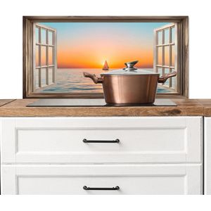 Spatscherm keuken 80x40 cm - Kookplaat achterwand Doorkijk - Zee - Boot - Zonsondergang - Muurbeschermer - Spatwand fornuis - Hoogwaardig aluminium