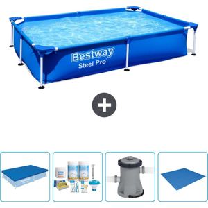 Bestway Rechthoekig Steel Pro Zwembad - 221 x 150 x 43 cm - Blauw - Inclusief Afdekzeil - Onderhoudspakket - Pomp - Grondzeil
