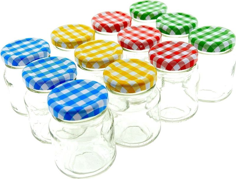 Mini Confituur pot Jampot Inmaakpot met geruite schroefdeksel van 80 ml - 5 x 5 x 10 cm - 12 stuks