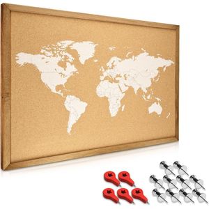 Navaris prikbord van kurk - Wandbord met punaises - 70 x 50 cm - Als wandecoratie voor op kantoor of studeerkamer - Met montageset - Wereldkaart
