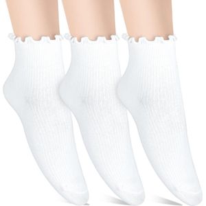 3-Paar Vrouwen Sokken met Ruche Turn Manchet - Witte Enkelsokken met Kant Rand - Ademende Katoenen Crew Sokken voor Vrouwen .