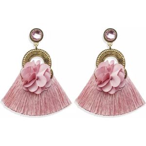 Fliex - oorbellen - chandelier - kwastjes - goudkleurig - roze