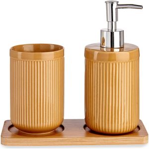 Badkamer accessoires set 3-delig camel bruin gestreept van keramiek - Zeeppompje - Beker - Tray