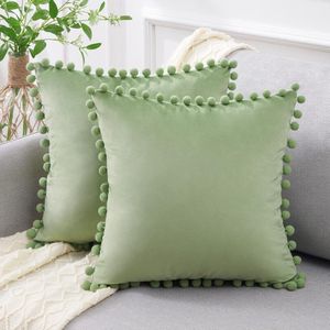 Kussensloop 40 x 40 cm, saliegroen fluweel, set van 2 boho-decoratie met pompons kussenslopen, kussenovertrek, hoofdkussen voor bank, woonkamer, kinderkamer