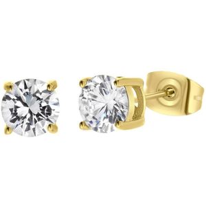 Lucardi Heren Oorbellen met zirkonia rond 6mm - Oorbellen - Cadeau - Staal - Goudkleurig
