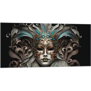 Vlag - Wit Venetiaanse carnavals Masker met Blauwe en Gouden Details tegen Zwarte Achtergrond - 100x50 cm Foto op Polyester Vlag