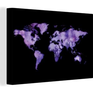 Canvas Wereldkaart - 120x80 - Wanddecoratie Wereldkaart - Waterverf - Lila