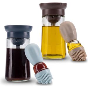 2-Piece Set Oil Bottle and Brush - Glass Oil Dispenser with Silicone Brush - 180 ml - for Oil, Vinegar, Baking - Blue