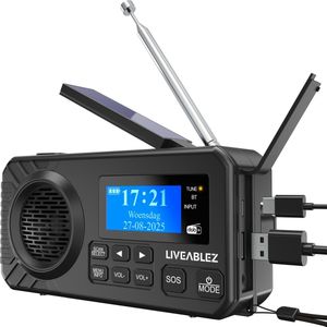 Liveablez® Noodradio Solar Opwindbaar & Batterij 5000mAh - DAB+ - FM - Radio op Batterijen voor Rampen - Noodpakket - Noodrantsoen - Noodradio - Powerbank - Bluetooth - Solar - Zaklamp en Leeslamp - Zwart