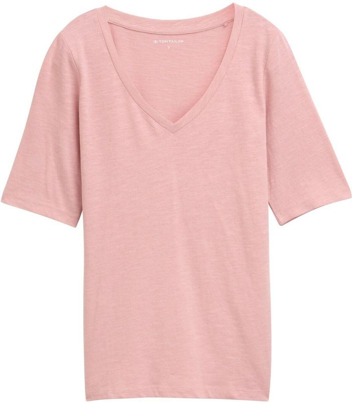 TOM TAILOR - Shirt - Rosa - V-hals - Halve Mouw - Slanke Pasvorm
