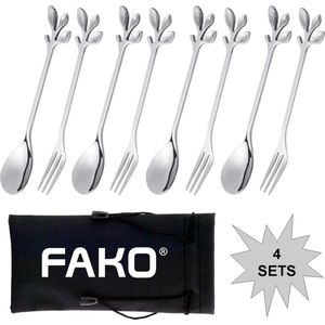 Fako Bijoux® - Gebak Bestek - Dessert Bestek - Blaadjes - Zilverkleurig - 4 Sets