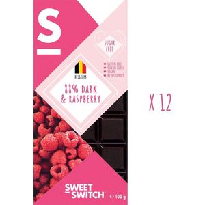 SWEET-SWITCH® - 88% Pure Belgische Chocolade met Framboos - Noir - Chocola - Suikervrij - Glutenvrij - Vegan - KETO - 12 x 100 g