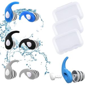 **Allecto plus - Zwem Oordopjes voor Kinderen | Herbruikbaar en Waterdicht | Ruisonderdrukking | Geschikt voor Zwemmen, Surfen en Watersporten | Zwart/Grijs/Blauw (5-12 jaar) - Set van 3**