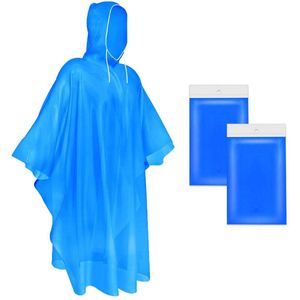 Wegwerp Regenponcho - Regenponcho - Universeel Unisex Ontwerp Met Capuchon Met Aanrijgkoord + Lichtgewicht En Scheurvast Materiaal - 2 Stuks - Voor Volwassenen En Kinderen Blauw