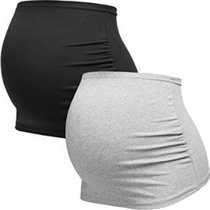 Zwangerschapsbuikband - Set van 2 - Katoen - Zwangerschapszwangerschapsbuikbands - Nierrugwarmer Shirtverlenging - Effen gestreept patroon - 6000_6100 (Zwart | Grijs, S)