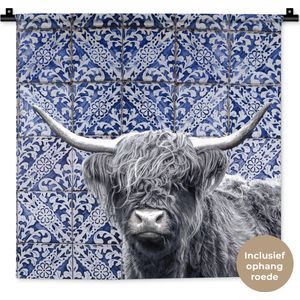 Wandkleed - Wanddoek - Schotse hooglander - Delfts blauw - Zwart - Wit - 60x60 cm - Wandtapijt
