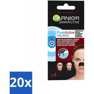 20 x Garnier - Pure Active - Anti-Mee-Eters Strips - Charcoal - Neus, Voorhoofd & Kin - 4 Strips - Anti-meeteers Strips - Huid Reinigen - T-zone Reinigen - Houtskool Strips - Acne Behandeling