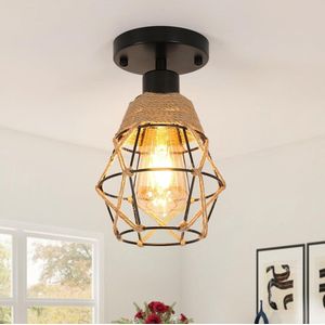 Goeco plafondlamp - 15*24cm - Klein - E27 - industriële ijzeren plafondlamp - zwart henneptouw plafondlamp - voor binnen woonkamer keuken slaapkamer - geen lamp