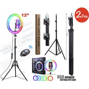 2Pcs Selfie LED Ring Lamp 33Cm Multicolour + Statief Camera 210 CM hoog Inclusief Bluetooth afstandsbediening en Telefoonhouder Selfie - lamp -Ringlamp - Statief - Tik tok - flitser – Make up light – Studiolamp – Ring Light van HiCHiCO