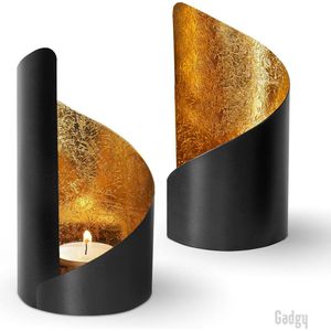 Gadgy Waxinelichthouder Twist - Theelichthouders Set van 2 - Decoratie Woonkamer - Sfeerverlichting Binnen - - Kaarsenhouders voor Waxinelichten 16 x Ø 8.5 CM - Windlicht Metaal - Zwart / Goud - Cadeau voor Vrouw