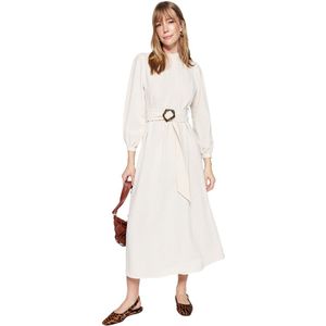 Trendyol Marineblauwe Geweven Jurk Met Hoge Kraag, Linnenlook En Riem Tctss23Eb00018