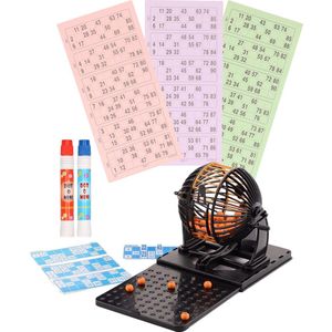 Bingo spel zwart/oranje complete set nummers 1-90 met molen, 148x bingokaarten en 2x stiften - Bingospel - Bingo spellen - Bingomolen met bingokaarten - Bingo spelen