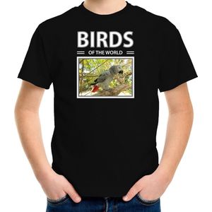 Dieren foto t-shirt Grijze roodstaart papegaai - zwart - kinderen - birds of the world - cadeau shirt vogel liefhebber - kinderkleding / kleding 158/164