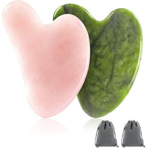 Gua Sha set 2 stuks jade en rozenkwarts gezicht massagesteen met fluwelen zakjes - Massage gereedschap voor gezichtsverzorging en SPA