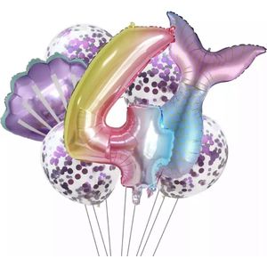 Zeemeermin Verjaardag Set - Leeftijd: 4 Jaar - Zeemeermin / Mermaid Ballonnen - Feestversiering - Verjaardag Versiering - Kleur: Roze / Paars - 7 stuks - Kinderfeestje - Meisje Verjaardag Versiering - Feestpakket - Hoge kwaliteit