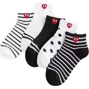 Set van 5 Sokken met Rood Hart - Sokken voor meisjes/dames maat 35-39 - zwart/wit strepen en stippen