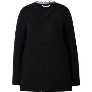 MIAMODA - Dames - Trui classic fit grof breisel hals met kant - Zwart - Maat 42+