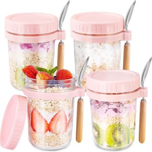 Overnight Oats Potjes - Roze Voorraadpotten - Set van 4 met Lepels - 4x 350ML - Muesli Beker - Glazen Potjes met deksels - Mason Jar - Overnight Oats - Havermout -met label en kalkstift