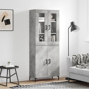 The Living Store Hoge kast Betongrijs - 69.5 x 34 x 180 cm - Duurzaam hout - Voldoende opbergruimte - Praktische deuren - Metalen voeten - Montage vereist