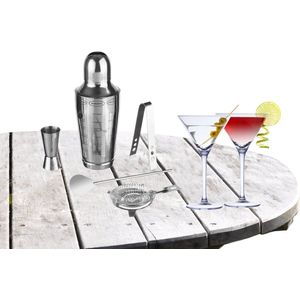 Cocktailshaker set RVS 5-delig inclusief 4x cocktail/martini glazen 220 ml