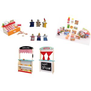 Jouéco 2 in 1 Theater en Winkel met 6 poppenkastpoppen-kassa-18-delige boodschappen set 6 kratjes en 24 stuks groente-fruit