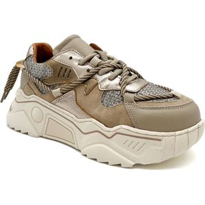 DWRS® Meisjes Sneaker - Khaki - Stof, Leer - Maat 31 -